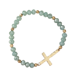 Glass Bead Bracelet With Gold Cross Mint Blue