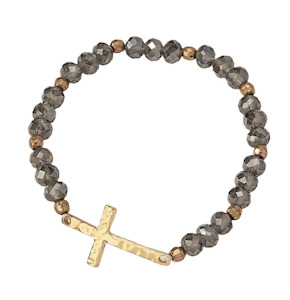 Glass Bead Bracelet With Gold Cross Grey