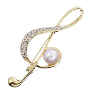 Double Clef Brooch With Crystals And Pearl Gold
