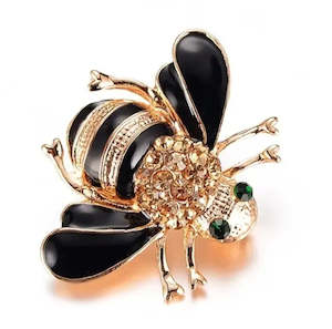 Brooches: Black And Gold Buzzy Bee Pin Brooch With Champagne Rhinestones