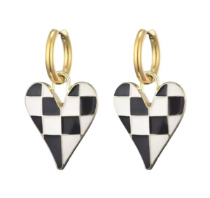 Colorful Love Heart Enamel Pendant Stainless Steel Hoop Earrings Black And White