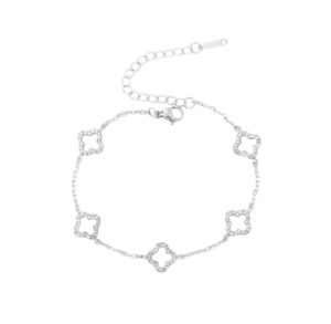 Bracelets: Stainless Steel Open Flower Bracelet With Cubic Zirconia Silver