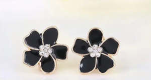 Earrings: Enamel Flower Clip On Earring Black With Crystal Centre