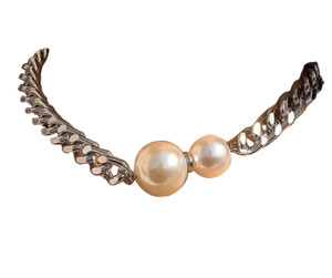 Necklaces: Stainless Steel Chunky Curb Design Choker Chain With Pearl Beads Silver