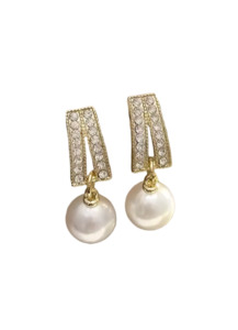 Geometric Pearl Crystal Drop Clip On Earrings Gold
