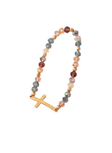 Bracelets: Glass Bead Bracelet With Gold Cross Colourful