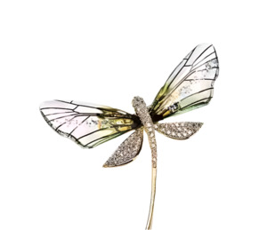 Brooches: Dainty Dragonfly Brooch With Green Wings And Embellished With Crystals Gold Metal