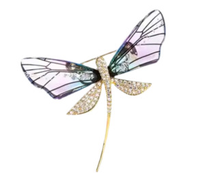Brooches: Dainty Dragonfly Brooch With Pink And Blue Wings And Embellished With Crystals Gold Metal