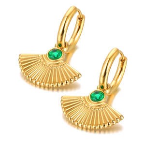 Stainless Steel Earrings: Gold Stainless Steel Fan Shape Hoop Earrings With Green Stone