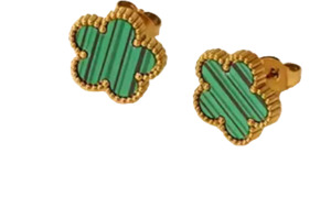 Stainless Steel Flower Clover Stud Green Earrings Gold