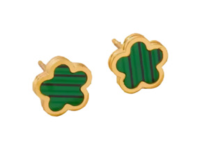 Stainless Steel Small Flower Clover Stud Green Earrings Gold