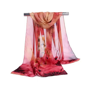 Chiffon Lotus Print Long Scarfe Red