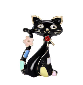 Brooches: Black Cat Brooch With Pink Flower On Tail