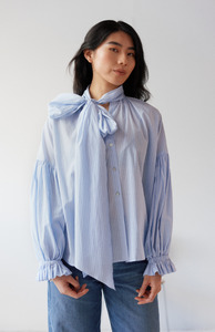 Mahsa Pale Blue Stripe Boheme Cotton Bow Blouse