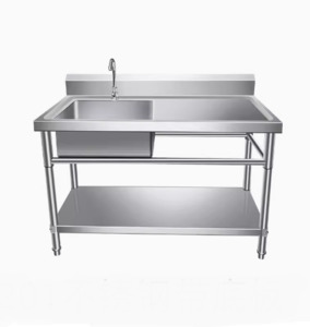 Stainless Steel Sinks: Stainless Steel Freestanding Left or Right Sink with bench + splash back 1800*600*900mm with bottom shelf