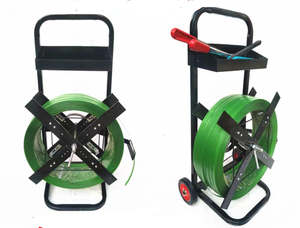 A metal strapping holder / trolley with wheels