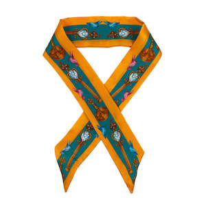 The Mysterious Lion King Silk Gold-Teal Ribbon Scarf