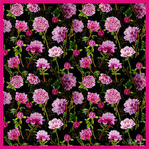 Peonies Art Silk Scarf-Pink/Black