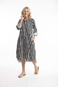 Orientique: Stripe Pure Linen Shirt Dress-Black Stripe
