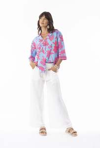 Orientique: Lidia Shirt-Turquoise base/Pink Print