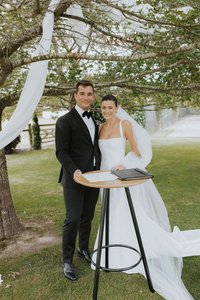 Products: Round Bar Leaner - Black/Bamboo Hire - Wedding Hire + Events Truly Yours