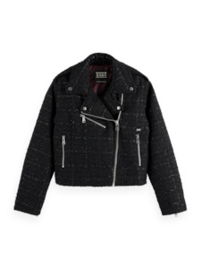 Maison: MAISON BOUCLE TWEED BIKER JACKET-BLACK