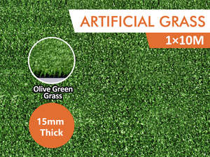 Synthetic Turf: Olive Green 15 mm Artificial Grass - 1x10 m Roll