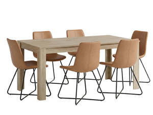 Skog Wooden Dining Table - 160 cm & Walnut Bonded Leather Dining Chair x6