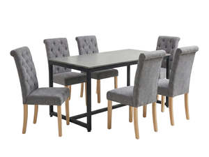 All: Grey Marble Look Dining Table - 160 cm & Grey Fabric Dining Chair with Wood Legs x6