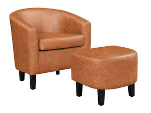 Living Room: Oswin Tub Chair with Ottoman PU - Brown