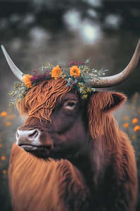 Artwork: Highland Cow with Flowers - Canvas