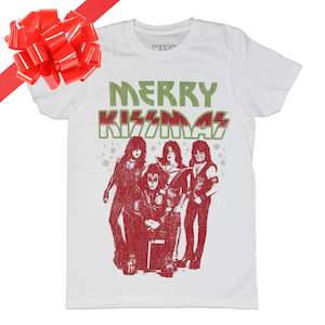 Metal Christmas Band Shirts: KISS - A Merry KISS-MAS - White T-Shirt