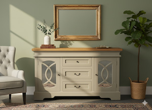 Classic Farmhouse Sideboard Buffet – White & Glass Panel Finish