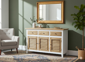 Coastal Charm Buffet Sideboard – White & Natural Finish - Mindi Wood
