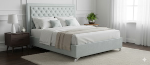 Ancona Buttoned Super King Headboard - Ash White Velvet (Sky Blue Shade)
