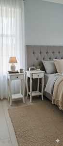 Minimalistic Bedside Cabinet Pair - Mindi Wood - White Wash Finish