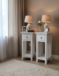 Bedside Cabinet Pair - Mindi Wood - White Wash Finish - 65cms