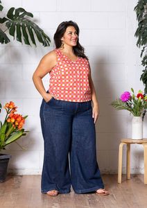 Frankie Singlet Top - Hand Drawn Check Burnt Orange