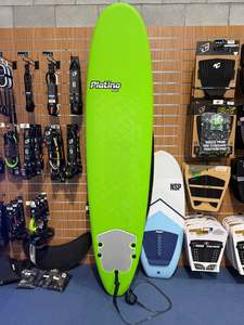 Mid Length Funboards: 2nd Hand Platino 8ft Foamie surfboard with fins and leash