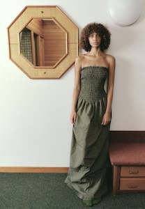 Apres Studio: Après Studio Pine Check Ruched Strapless Maxi