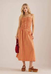 Dresses 1: Damson Madder Grace Strappy Midi Dress Orange Margot Gingham