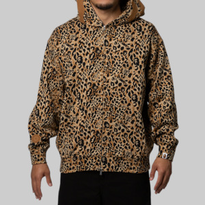 Wild Leopard Pattern Shark Relaxed Fit Full Zip Hoodie - Beige
