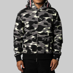 Tops: Screen Camo Shark Relaxed Fit Full Zip Hoodie - Black