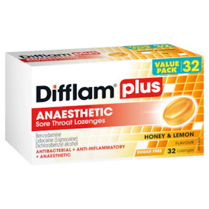 Cough Cold Throat: Difflam Plus Anaesthetic Sore Throat Lozenges - Honey & Lemon Flavour