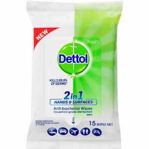 Dettol 2 in 1 Hands and Surfaces Antibacterial Wipes 15pk