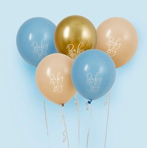 Baby Shower Decor: Baby Shower Balloons (5) - Blue/Nude/Gold (12")