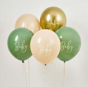 Baby Shower Balloons (5) - Sage/Nude/Gold (12")
