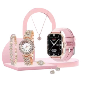 New 6-in-1 Gift Set Artificial Gold Diamond Watch, Neckless, Earing N More