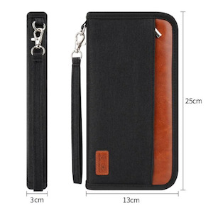 Travel Accessories: Passport Wallet Documents Organizer Zipper Case With Wristlet Strap - Black