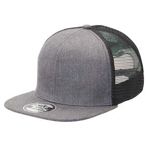 Heathered Flat Peak Trucker Cap – Structured 6-Panel, Breathable Mesh, Adjustable Snapback